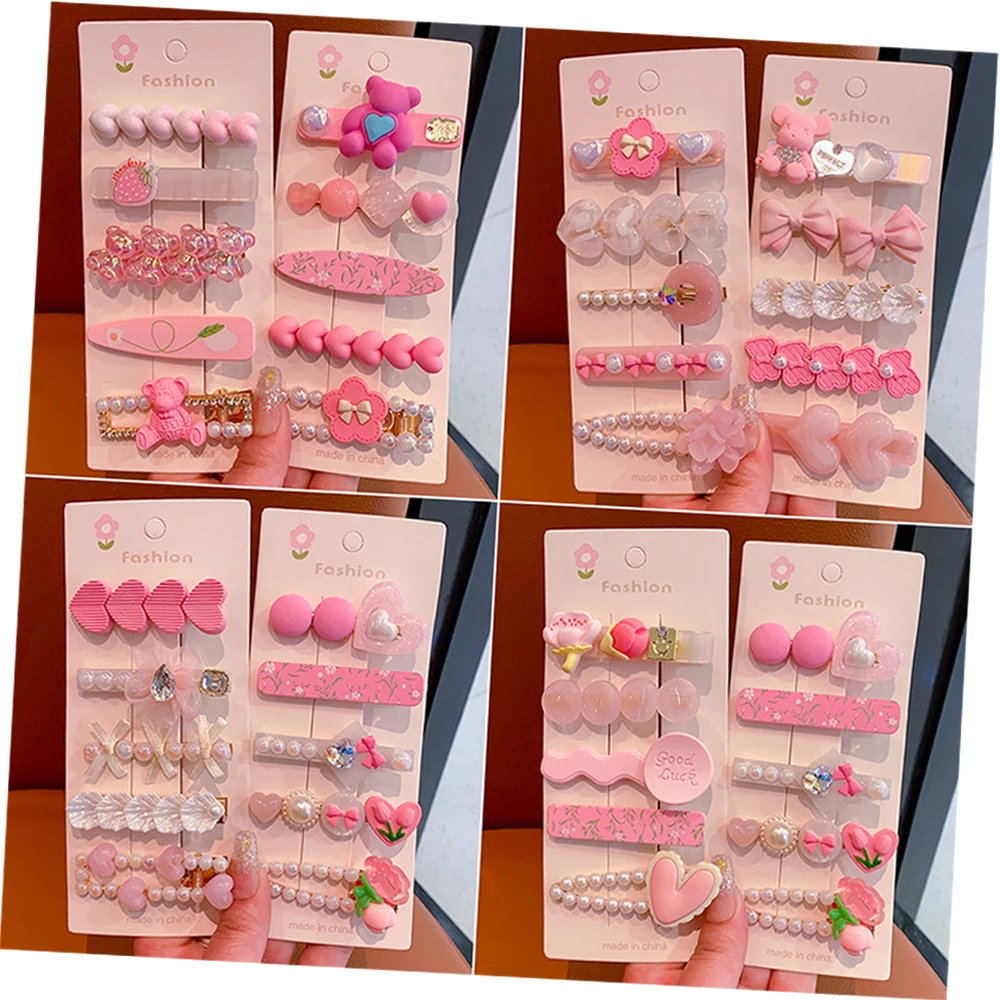 Wholesale Cartoon Cute Children Heart Flower Pink Hairpin Set Pearls Barrettes Hair Accessories For Girls Kids Hair Clip
