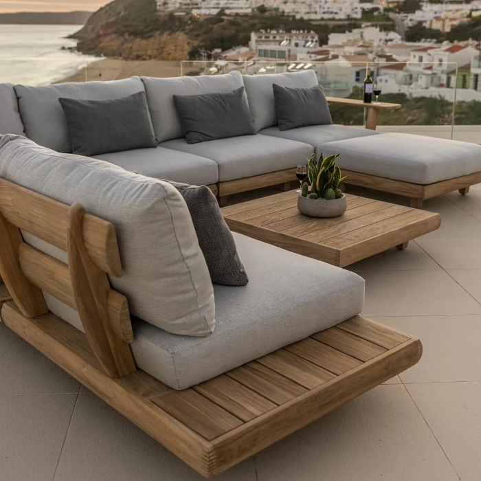 Simple Modern Waterproof Teak Wood Furniture with Cushions Living Room Balcony Garden Patio Hotel Sectional Outdoor Sofa