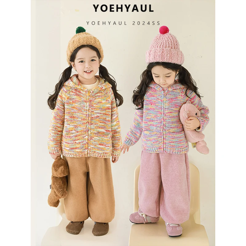 YOEHYAUL D3614 Anti-pilling Colorful Knit Girls Winter Sweaters Toddler Hooded Thick Zip Up Child Kids Cardigan for Girls