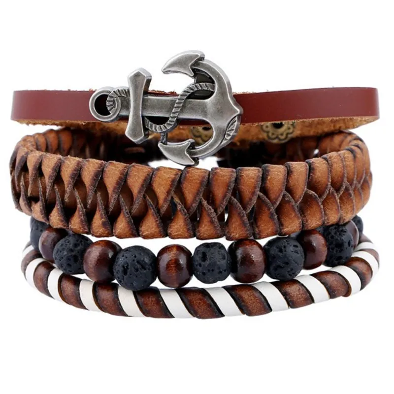 Multilayer Braided Leather Bracelet Set Jewelry Men Volcanic Stone Wood Beads Vintage Alloy Anchor Leather Bracelet