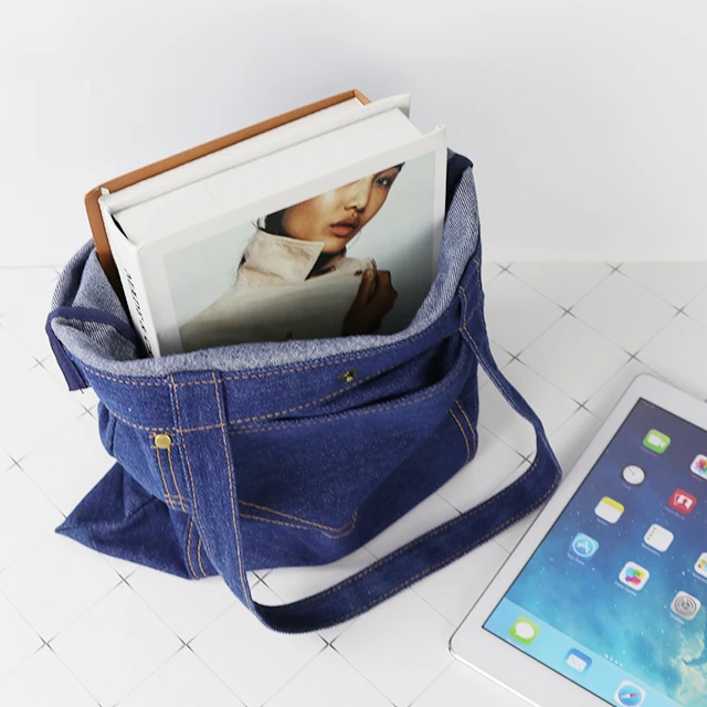 Custom Logo Denim Shoulder Shopping Navy Blue Casual  Jean Tote Bag Denim