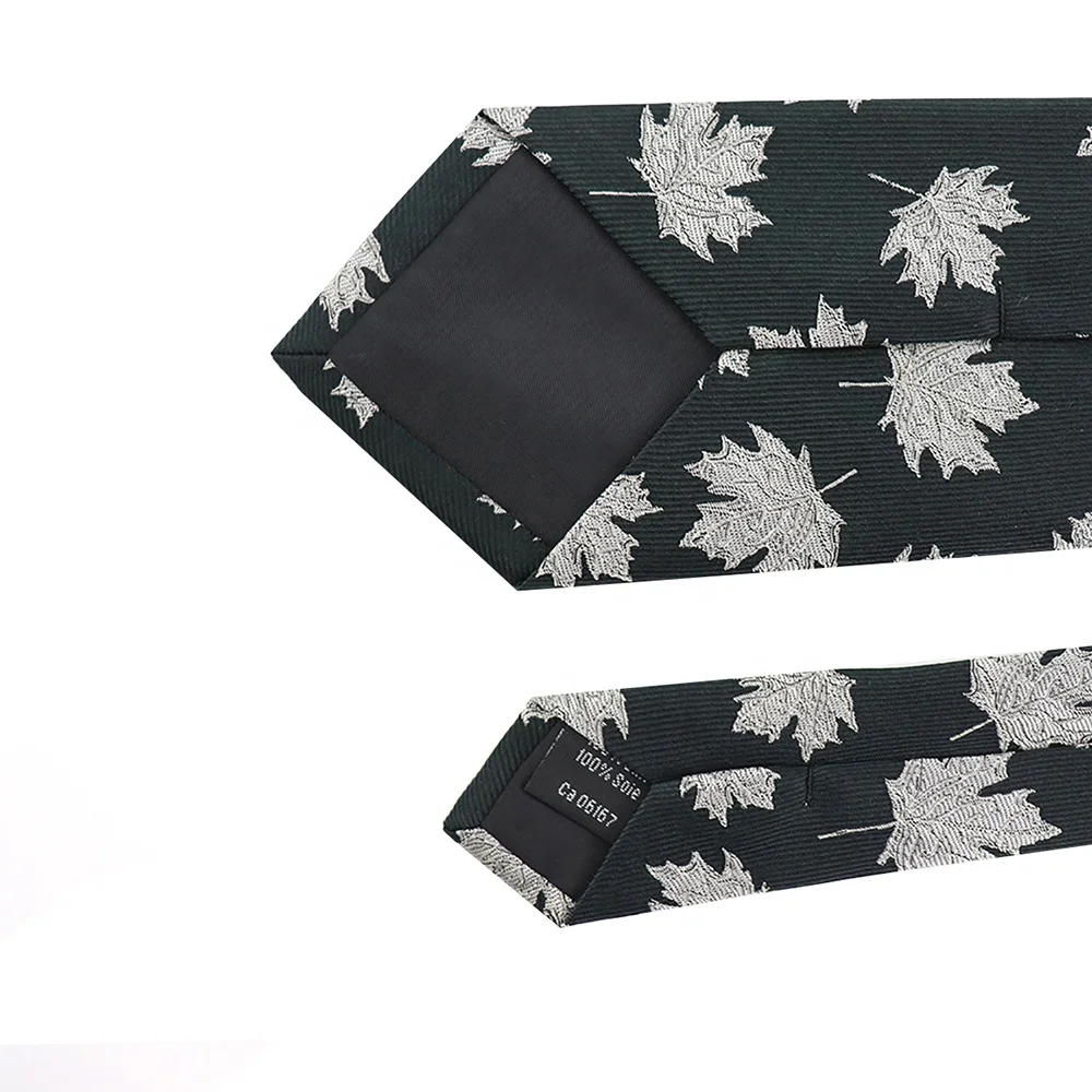 China Supplier Wholesale Customized Mens Necktie Falling White Maple Leaf Dark Green Jacquard Twill Men Custom Silk Tie Woven
