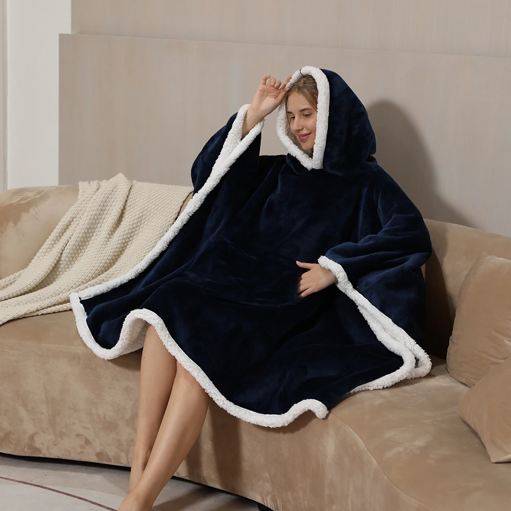 Sherpa fleece hoodie blanket throw wearable  blanket with pocket