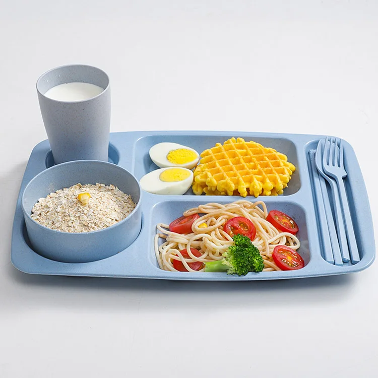 Lightweight Fiber Wheat Straw Plates Bowls Cutlery Set Dinnerware, Microwave and Dishwasher Safe Plastic Tableware Set for Kids