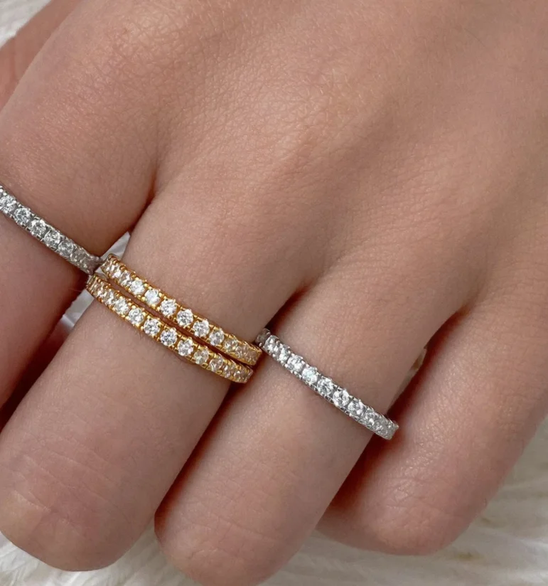 High End  Eternity Iced Stack Band Rings Cz Bling Tarnish Free Stainless Steel Pave Cubic Zirconia Tennis Diamond Baguette Ring