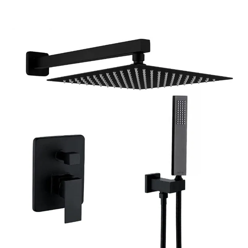 Rain Shower System Flush-Mounted Set Black with Rain Shower Head Stainless Steel  Square bath shower sets