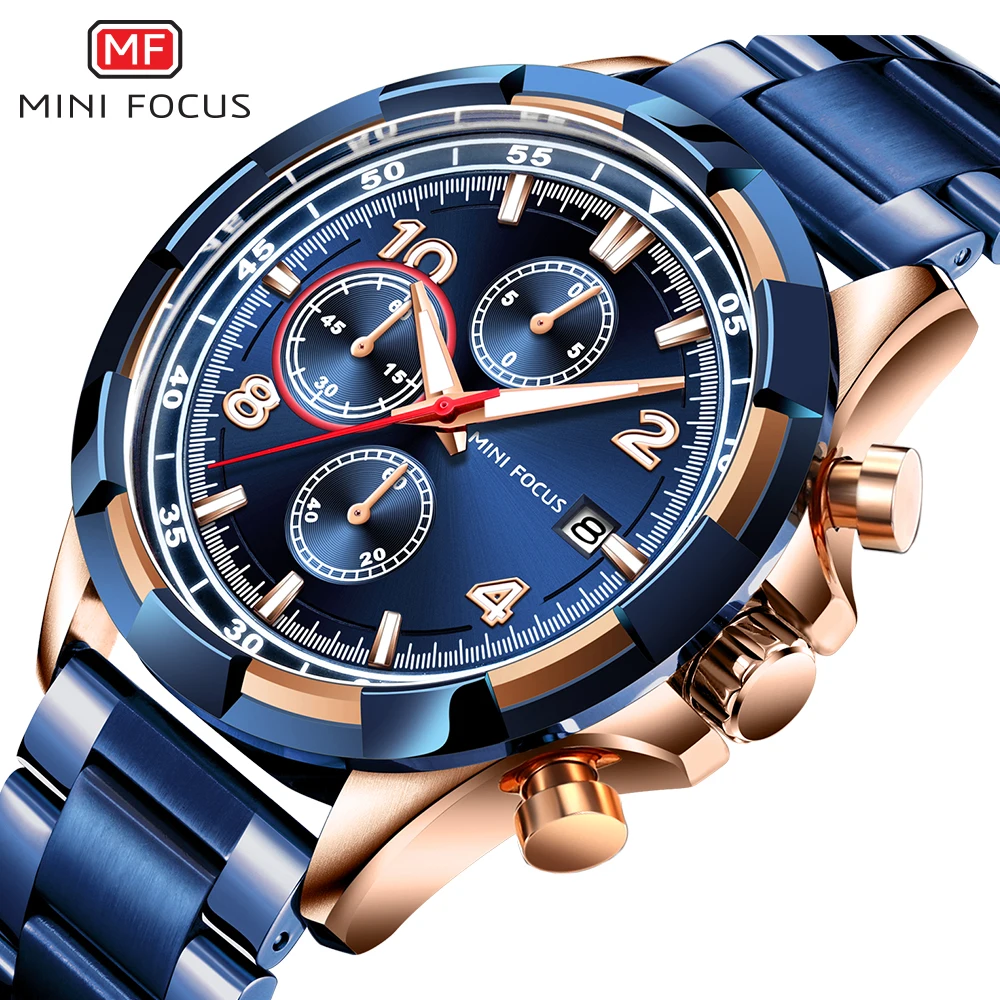MINI FOCUS 0198   king Blue Man Quartz Watch Nice Steel Strap 3 Dials Chronograph Character Business Relogio Musculino