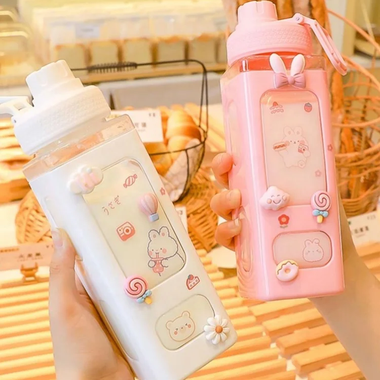 Kawaii Bear Pastel Water Bottle With 3D Sticker 700ml/900ml Plastic Travel Tea Juice Milk Portable Cute Shaker Drink Bottle Gift