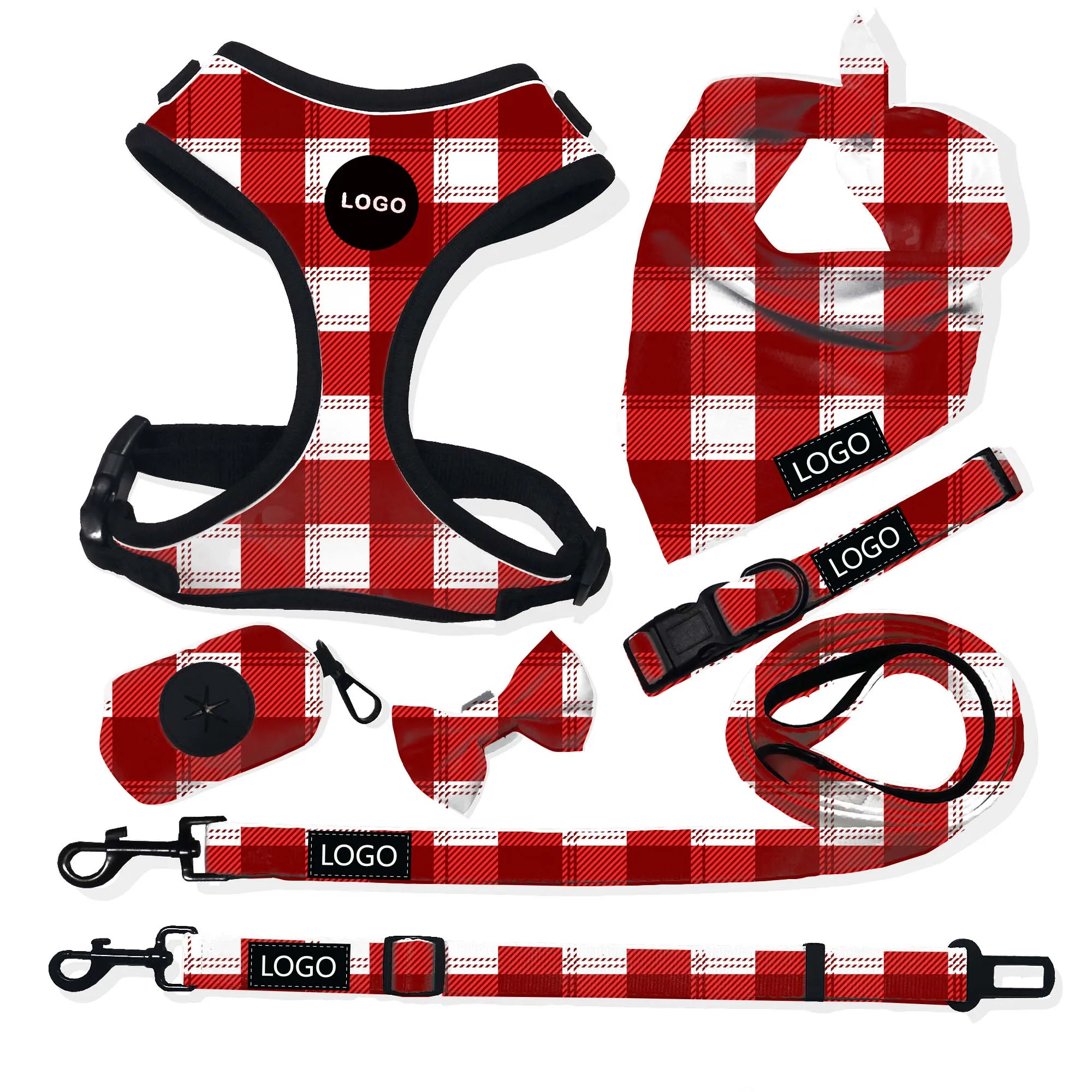 Wholesale Dog Walk Neoprene Dog Harness Set Breathable Mesh Soft Padded Dogs Chest with D Rings Pet Accessories Christmas Custom