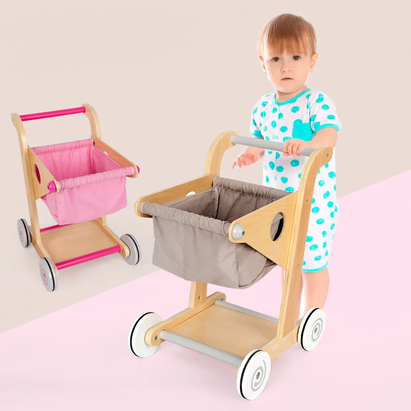 Kids Wooden Shopping Trolley Toy with Furniture Collection Vehicles for Children Montessori Gift Toys