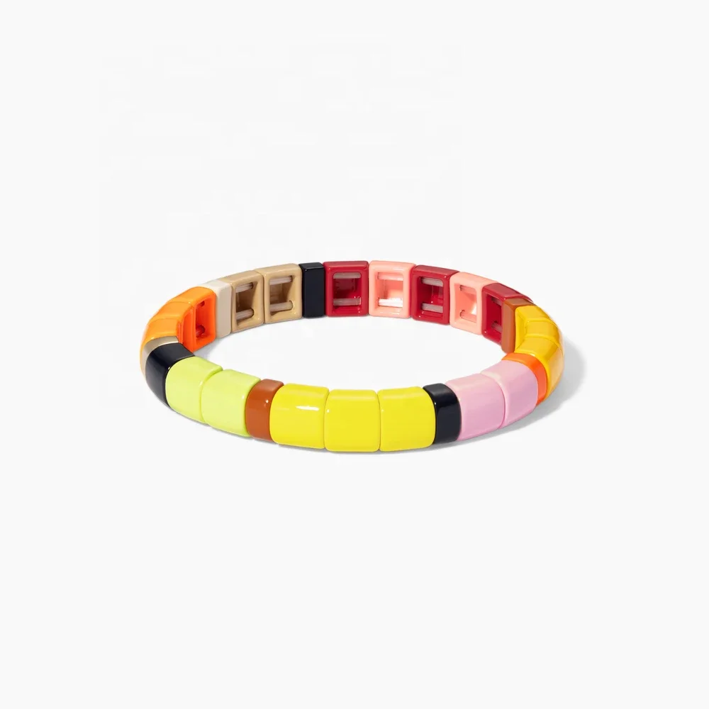
customized Colorful Enamel Argyle Bracelet Friendship Tile Bead Stretchy Bracelet Rainbow Enamel Alloy Tile Beads Wholesale 