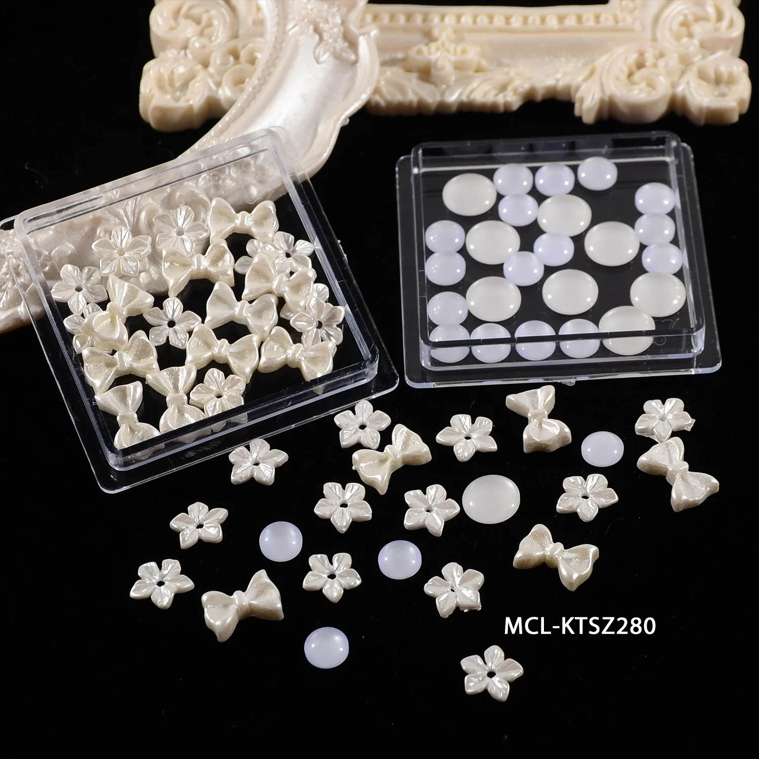 Mixed DIY Set Pearl Alike White Nail Art with Bow Tie & Flower & Cat Eye Transparent Moon Rhinestone Kawaii Resin Nail Charms