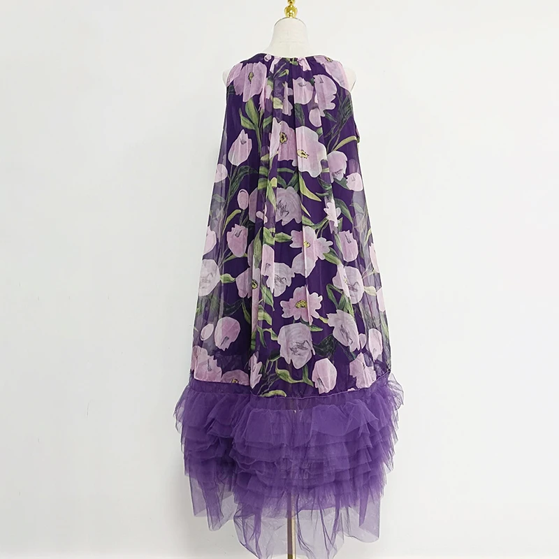 TWOTWINSTYLE Floral Printing Casual Clothing Dresses Sleeveless High Wast Patchwork Tierred Dresses Women