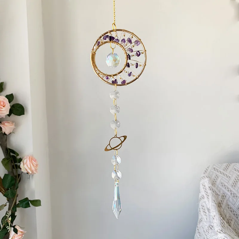 Tree of Life Suncatcher Hand-woven Crystal Wind Chimes Heart Pendant Gemstone Prism Sun Catcher Window Hanging