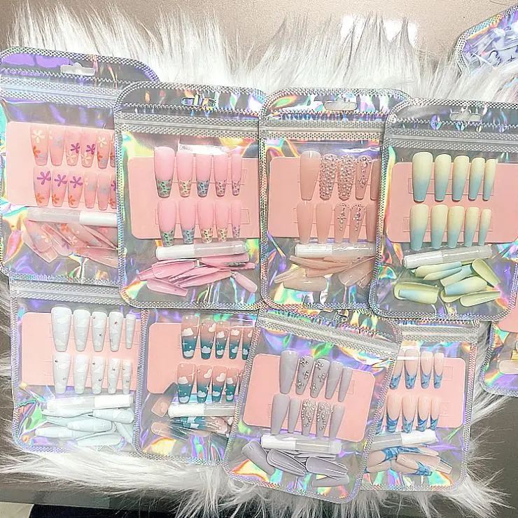 Artificial Nail Private Label Fakenail Bling Acrylic Long Fake Crystal Coffin Press On Nails Rhinestone Set Kit For Women