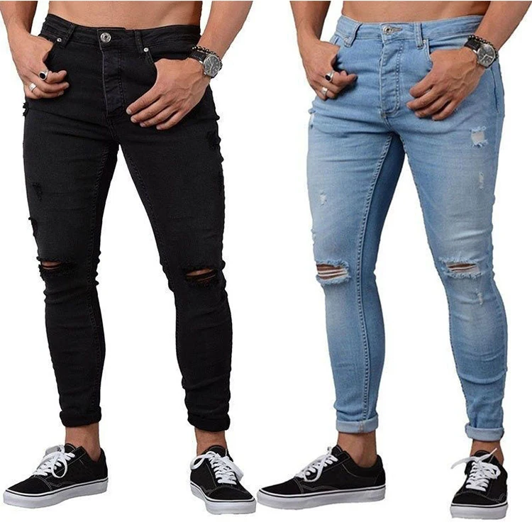 
High Quality Fashion Men Ripped Distress Super Skinny Stretch Black Slim Fit Male Plain Jeans 