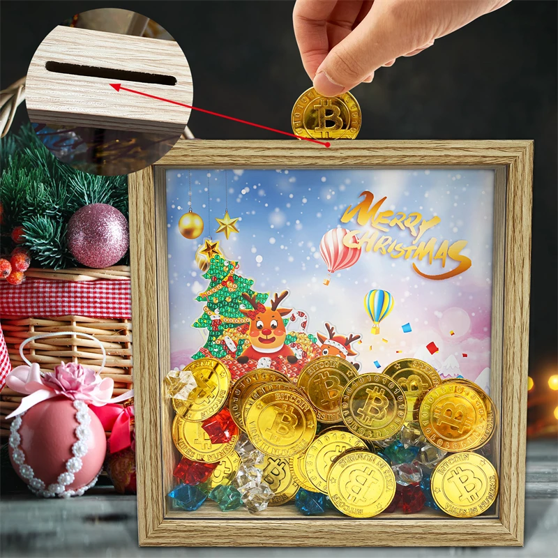 Diy diamond Christmas snowman design  wooden material  square unbreakable Piggy bank