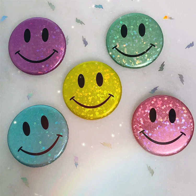 Custom Popular Blank Holo Metal Smiley Face Button Badges Pins Round Badge