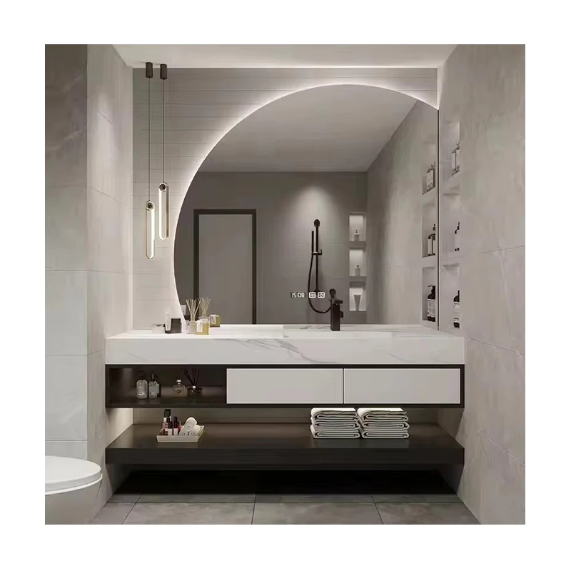 Modern designer bathroom vanity furniture mirror with lights double sink set with ceramic basin cabinet