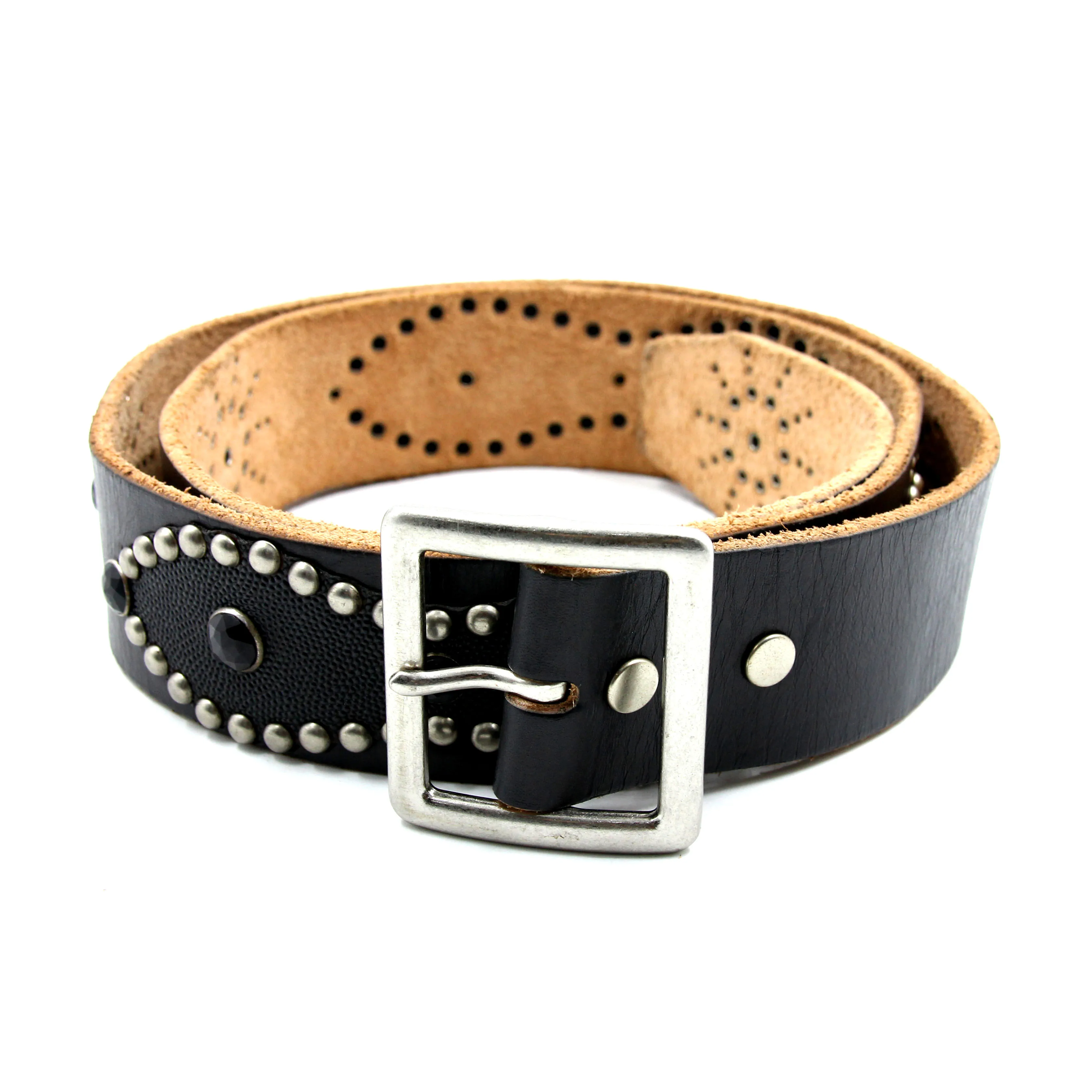 Studded Belt Self Edge STINGRAY Peanut Belt Cowhide Black Leather Nickel Buckle