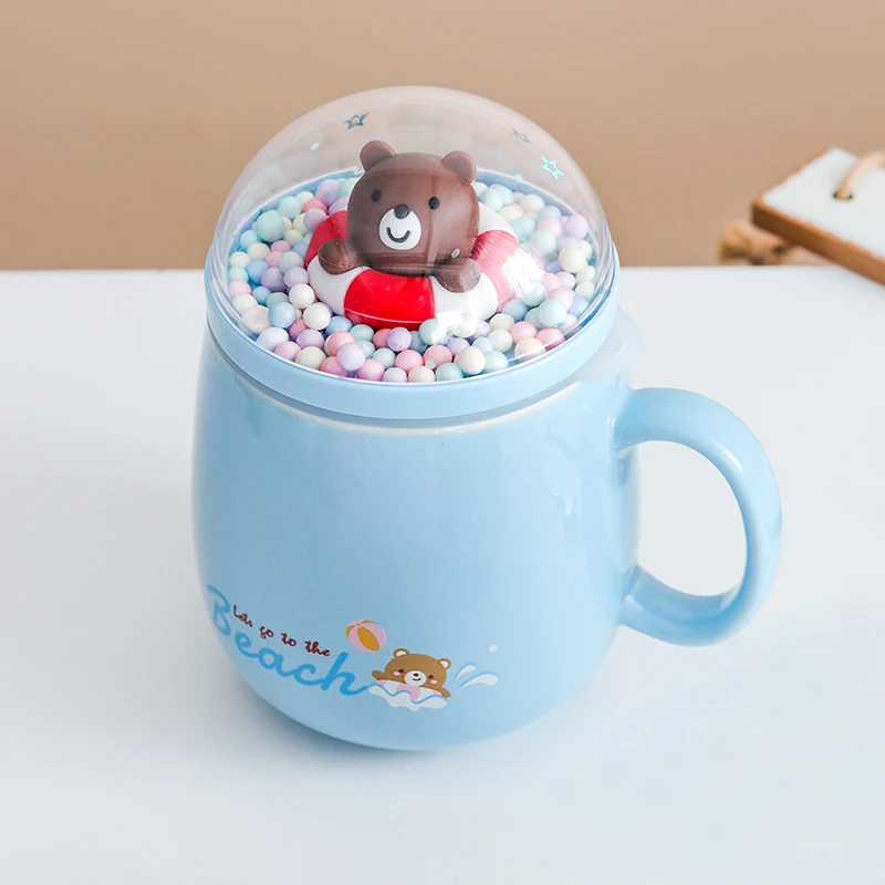 Cartoon Animal Micro-landscape Swimming Ring Ceramic Cups Coffee Mug Couple Water Cup With Lid Spoon