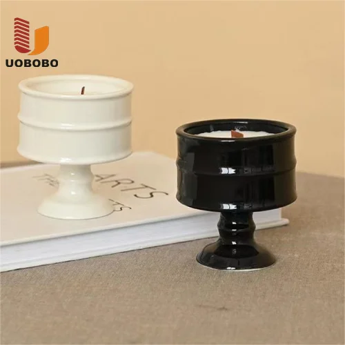 UOBOBO wooden wick tall tea cup ceramic aromatherapy soy small colored round candles cup vessels jar with feet