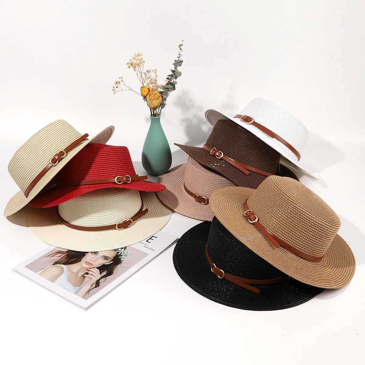 Flat top ladies summer travel sun hat Fashionable belt decorate beach straw hats for women