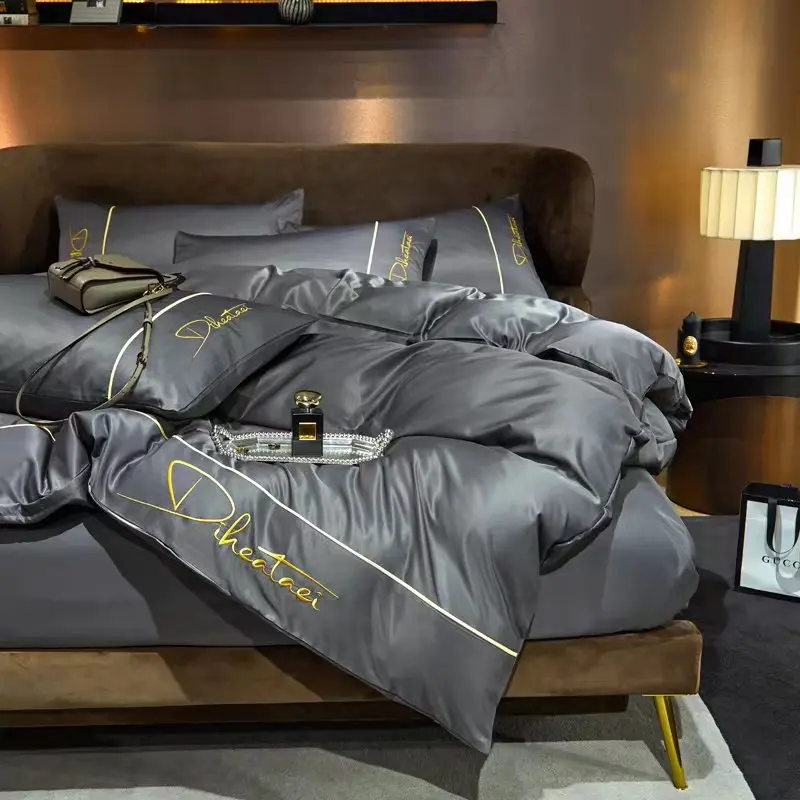 Modern Luxury Designer Summer 100% Washed Silk Bed Sheets 4 Pieces Quilt Bed Comforter Cotton Duvet Cover Bedding Set