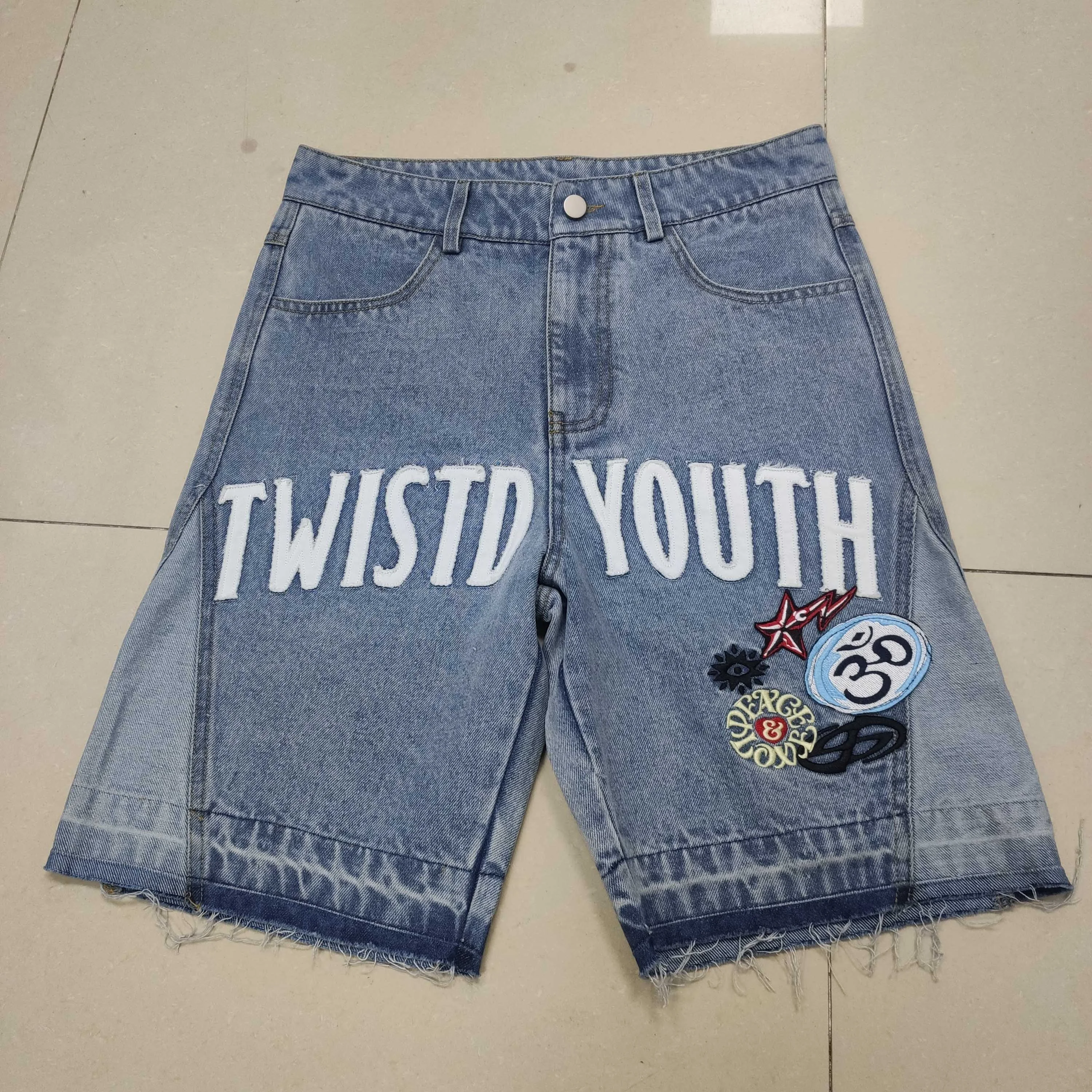 Applique Embroidery Patch None Stretch Baggy Denim Shorts Rise Oversized Jeans Shorts Acid Wash Distressing Denim Jorts for Men