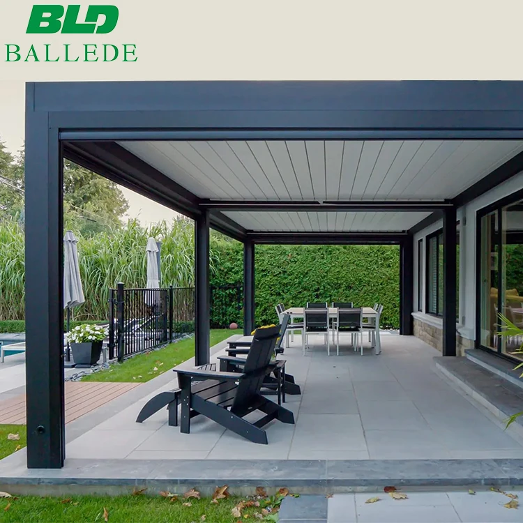 Weatherproof House Pergola Motorized Opening Louvered Roof with Outdoor Fireplace and Fan