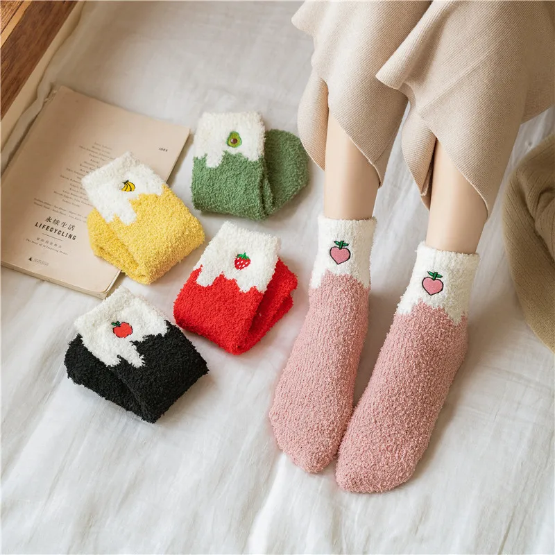 Custom Warm Fuzzy Socks Women Fluffy Super Soft Slipper Socks Cheap Winter Warm Cute Embroidered Fruit Socks