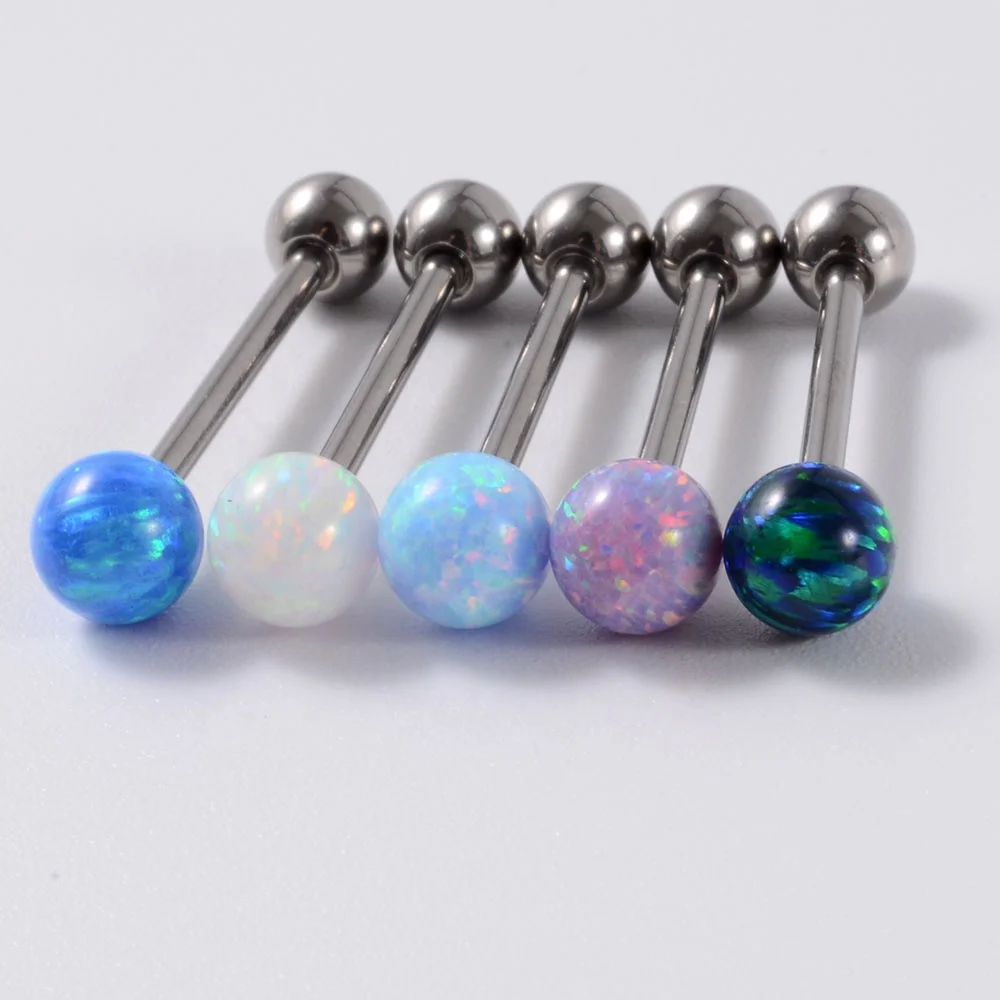 Opal Tongue Rings Round Beads Opal Ball Tongue External Thread Barbell Tragus Sexy Piercing Fashion  Body Jewelry Wholesale