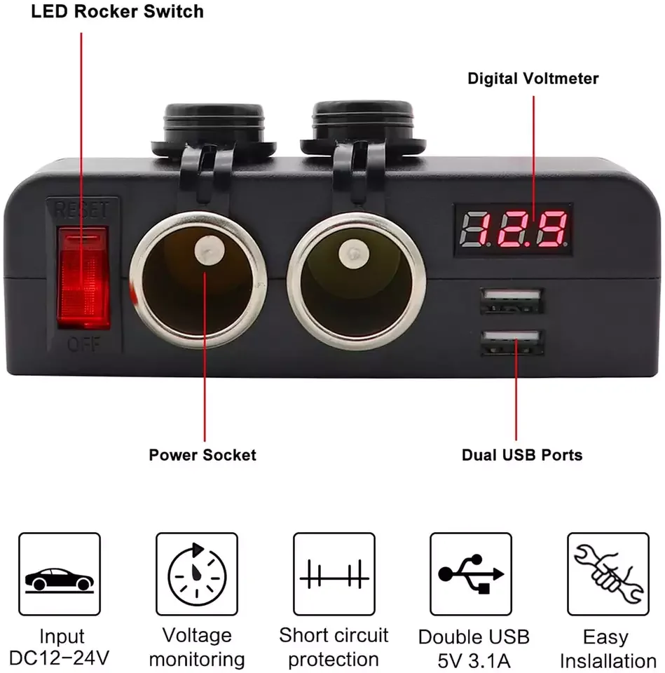 2 Sockets Cigarette Lighter Splitter Dual USB Car Charger DC Outlet Power Adapter with On Off Switch and Voltage Display