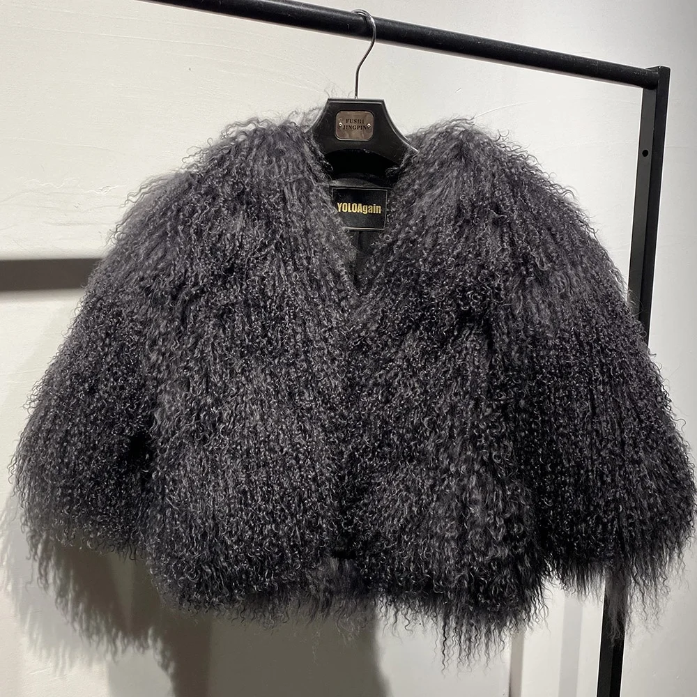 Grey winter fluffy fur coat natural sheep fur coats soft mongolian fur coats for women