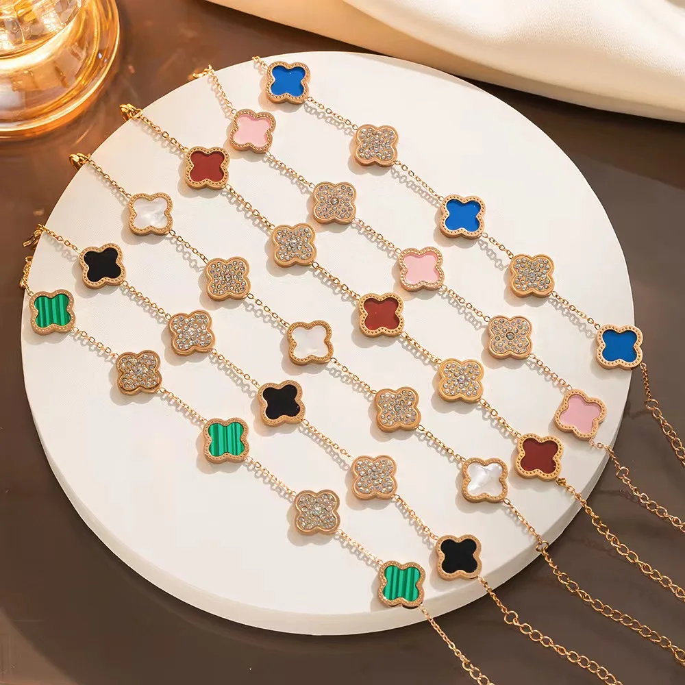 Women Luxury Flower Shaped Fadeless Titanium Steel 18K Gold Plated Rhinestone Bangles Four Clover Bracelet