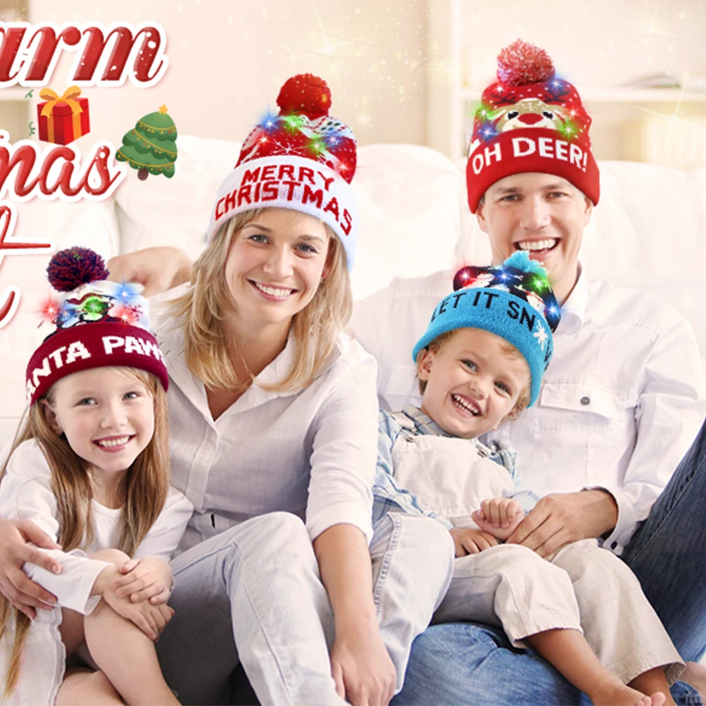 Custom LED Christmas Hat Light Up Knitted Santa Hats Unisex Knitted Beanie Holiday Hat with Deer Printing for Party