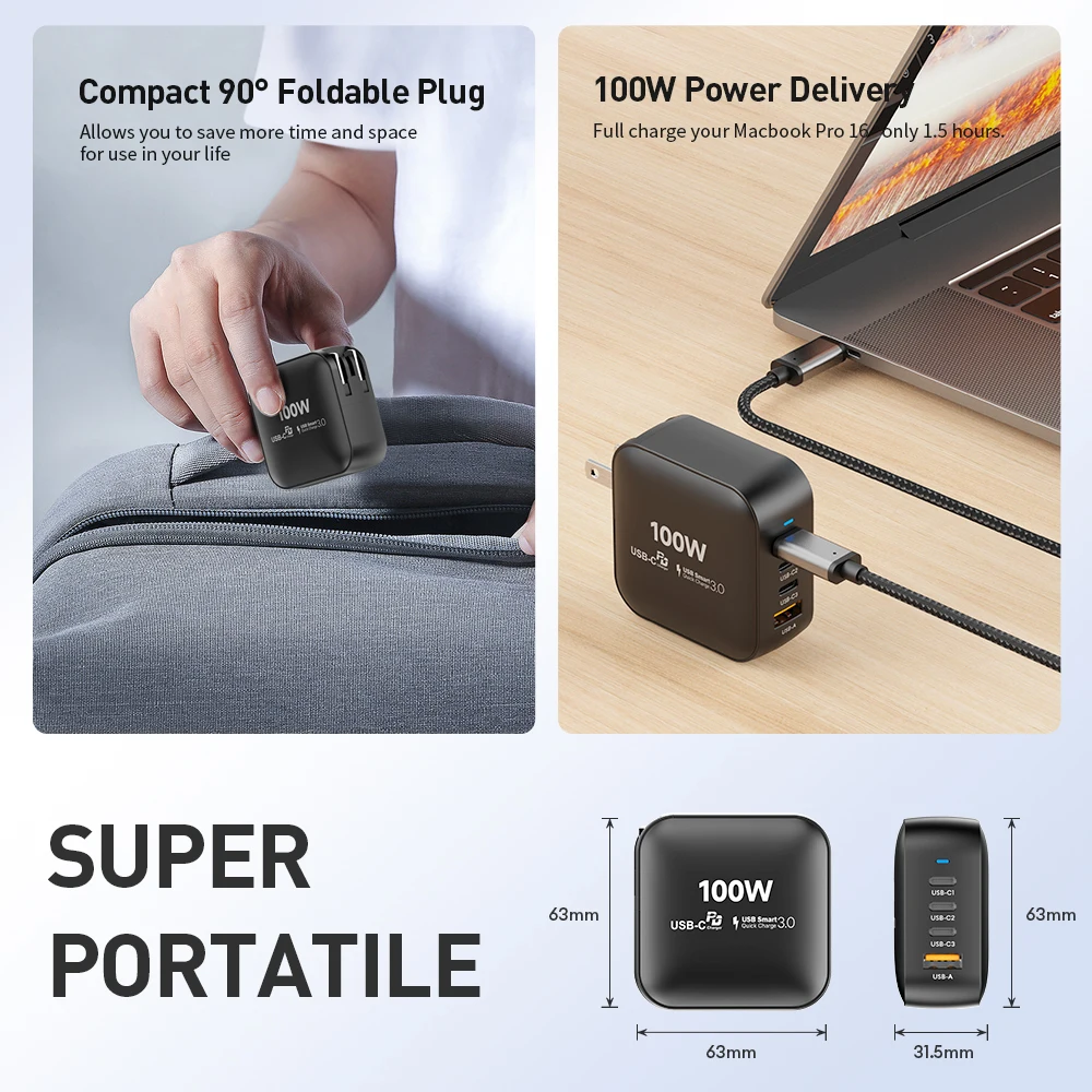Зарядное устройство Vina с 3 портами GaN USB C PD Type Быстрая зарядка 100 Вт зарядное для ноутбуков MacBook Pro/Air iPad