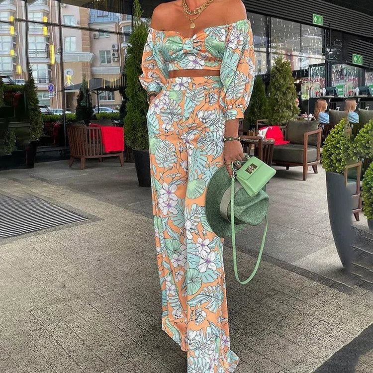 2 Piece Pants Set Fashion Off Shoulder Puff Sleeve Crop tops Blouse With High Waist Print Trousers Women Casual Suits Ladies