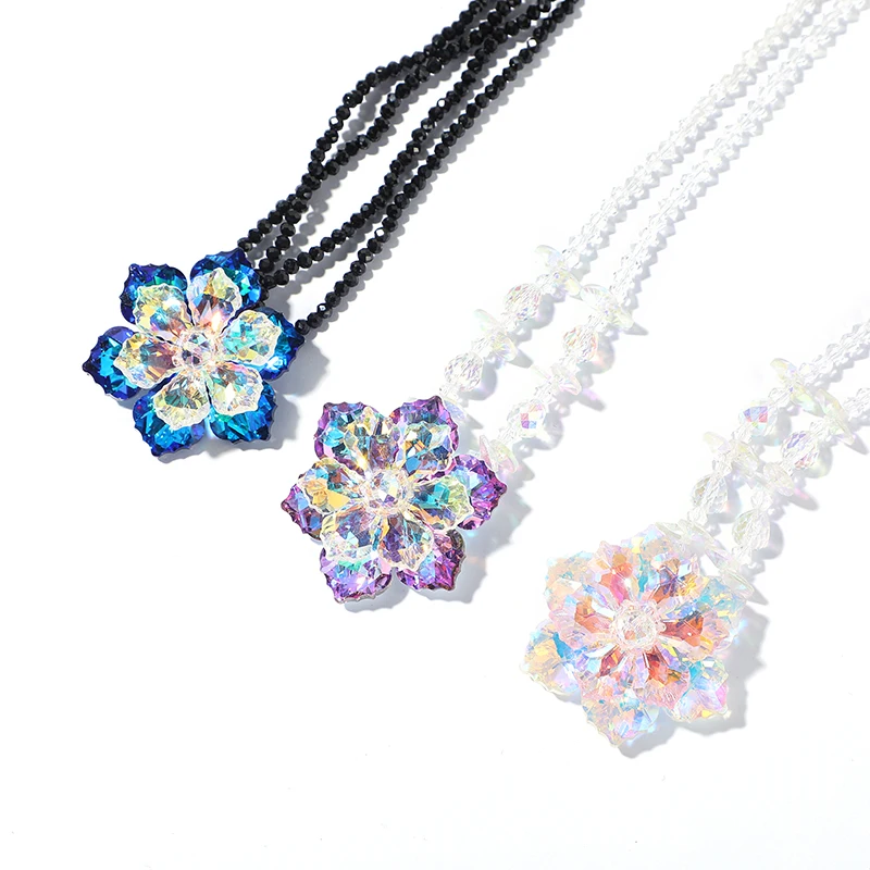 2024 Custom Handmade Beaded Necklace for Women Fashionable Colorful Glass Beads Long Crystal Flower Handmade Pearl Sweater Chain