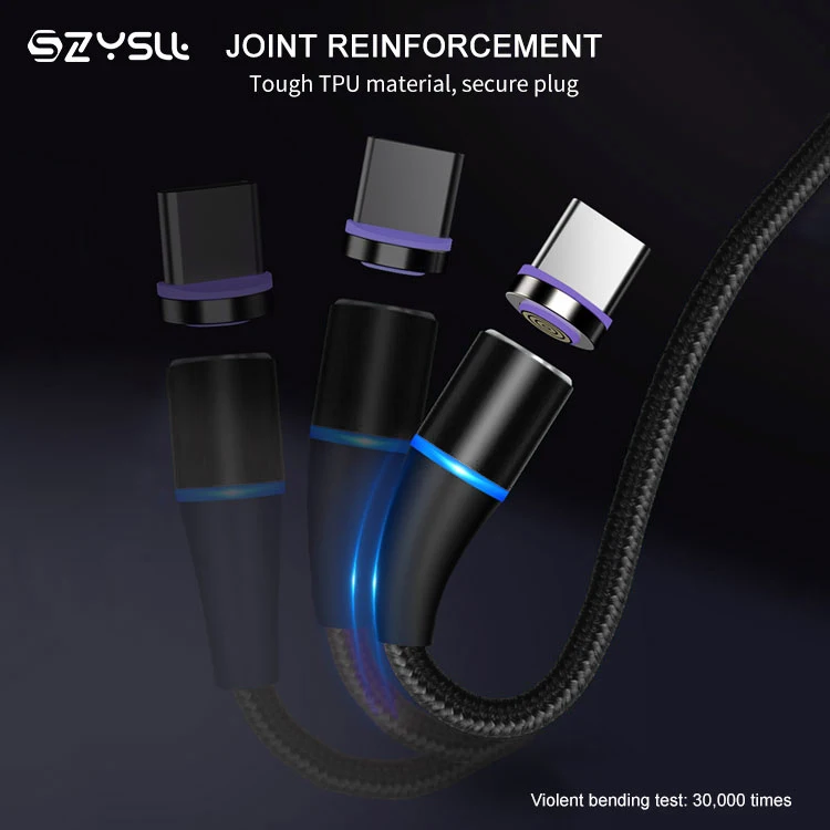 
360 Led 1M 2M Type C Micro Magnet 3 In 1 Data 5A Fast Charging Magnetic Phone Cable 