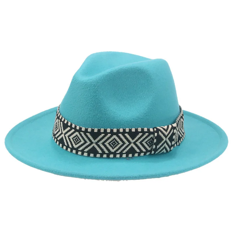Spring autumn wide brim european american fedora hats national wind square ribbon festival performance fedora hats men