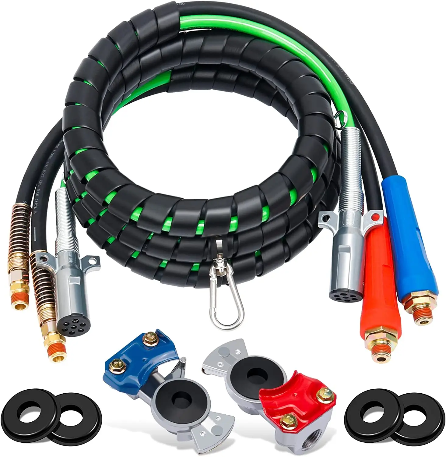 3 in 1 Spiral Wrap ABS Electrical Cord and Rubber Air Line Polyester Braided Hose Assemblies 7 Way Electrical Trailer Cord