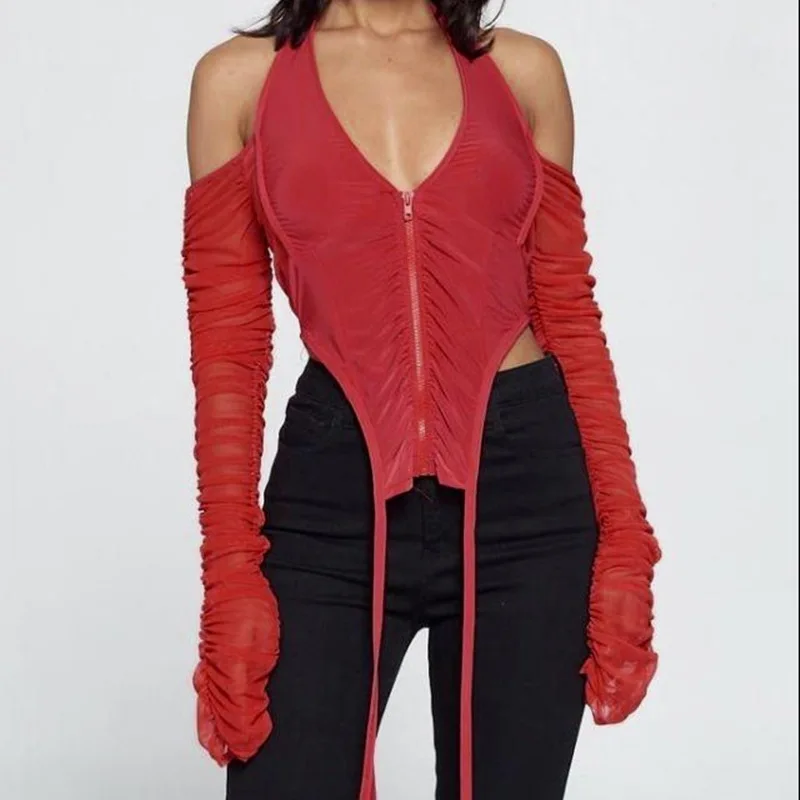 New Arrival Woman T-shirt With Zipper Long Sleeve V-neck Lace Mesh White Crop Top