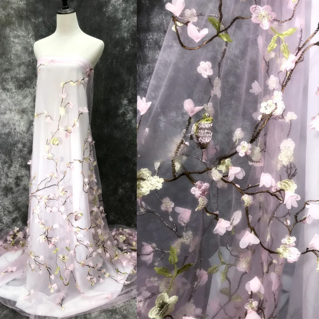 Black pink bright red three-dimensional chiffon flowers plum blossom birds embroidered mesh gauze material fabric gift clothing