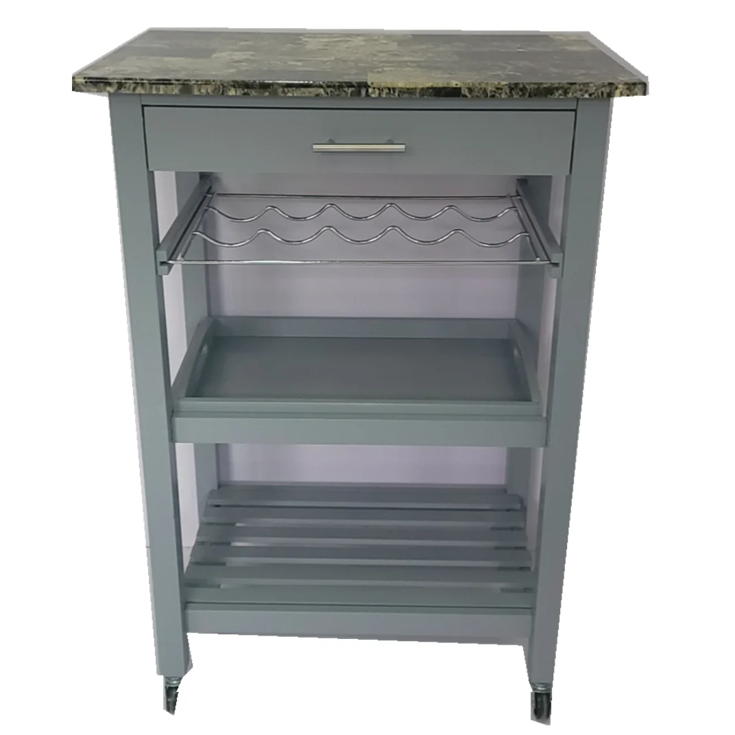 4-TIER pvc top wood kitchen cart kitchen storage trolley with wine rack drawer and wheels