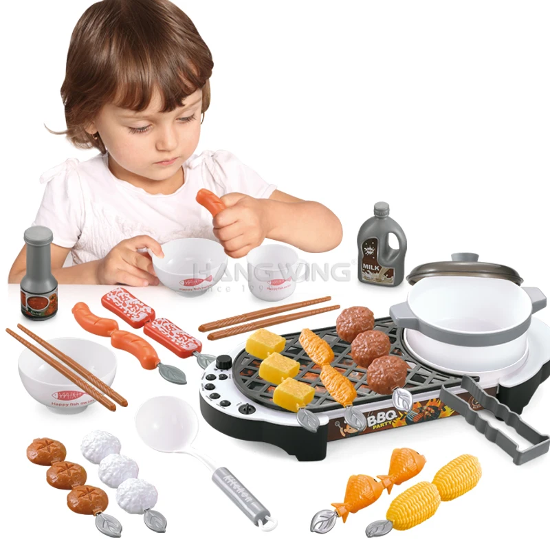 HW Preschool Pretend Play at Home Kids Kitchen Toys Girls Set Simulation Spray Mandarin Duck Pot BBQ Grill