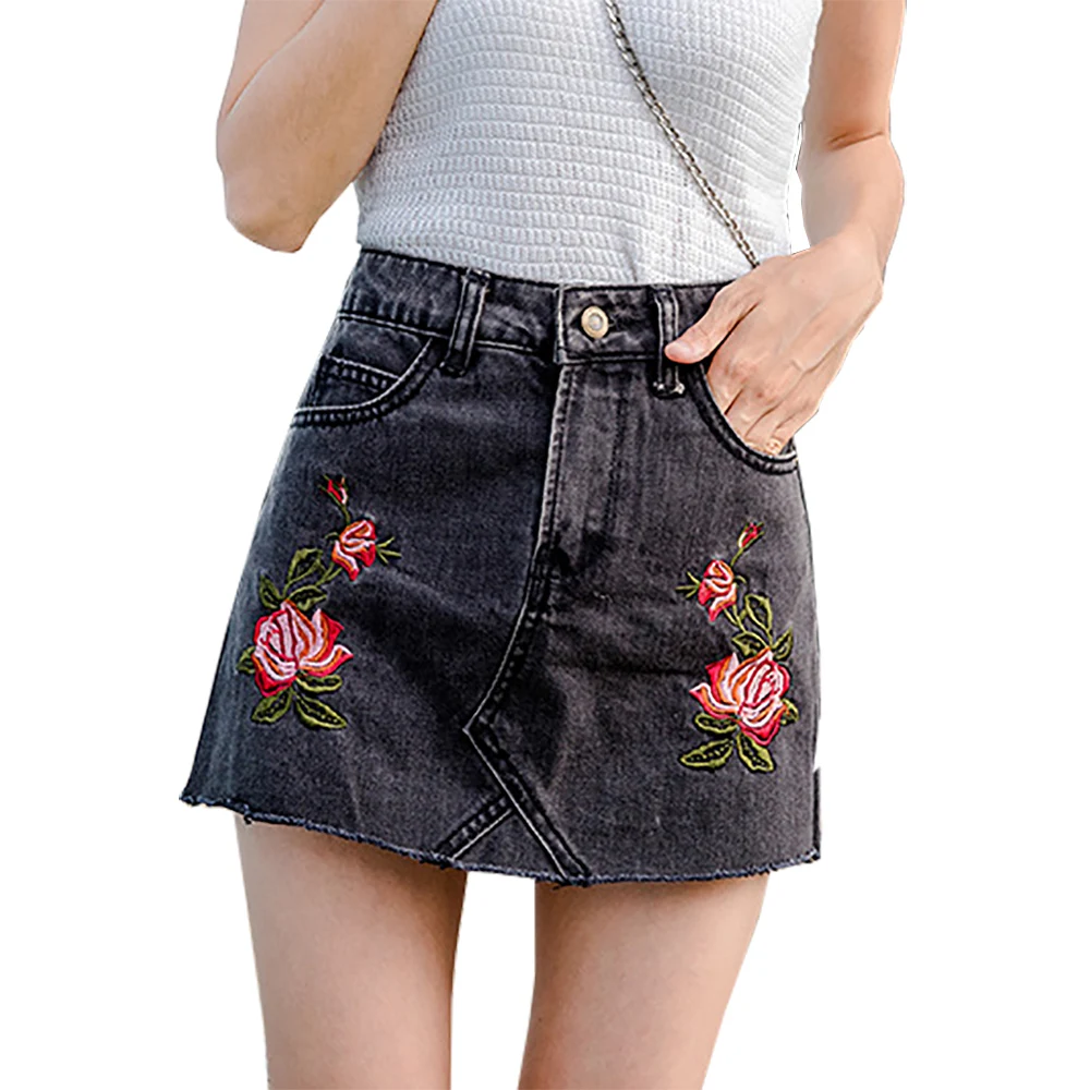 sexy skinny women embroidered denim mini skirt   black classic Floral Embroidered Jeans A Line Skirt