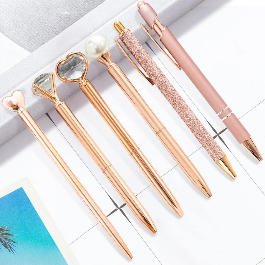 Girls Rose Gold Ballpoint Pens Metal Crystal Diamond Pen Pretty Cute Fancy Liquid Sand Glitter Black Ink Pens for Journaling