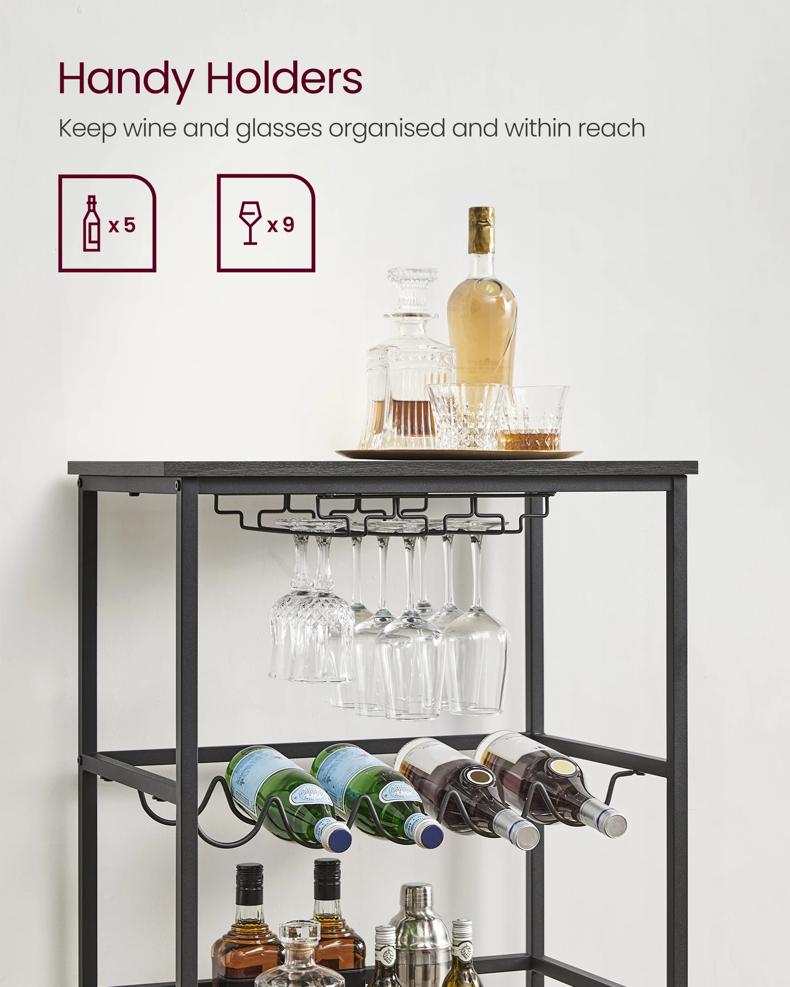 VASAGLE Mobile Microwave Cart on Wheels 3-Tier Rolling Wine Carts with Wine Rack and Glass Hold Bar Carts for Home