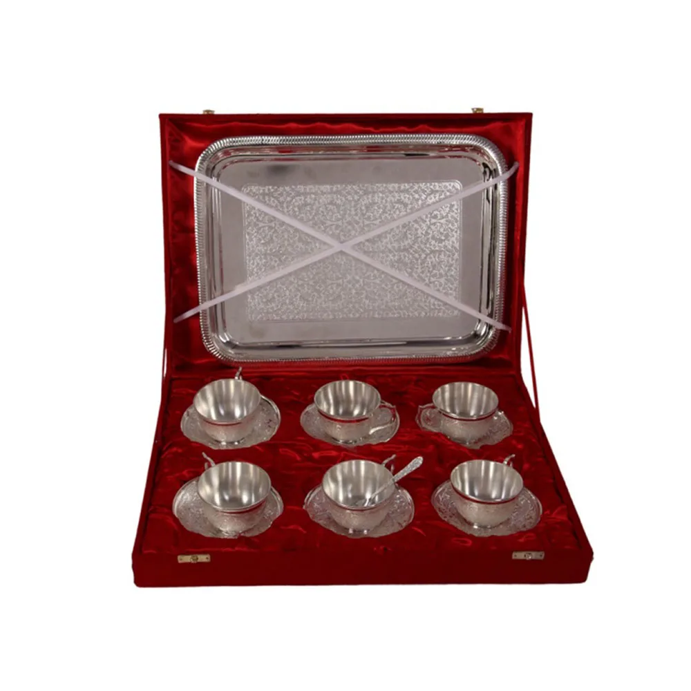 Luxury Silver Plated  Brass Tea Cup And Plates Sets With Tray Red Velvet Box Wedding Gifts For Guests Box
